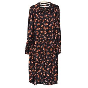 Ann Taylor Dress XL Petite Floral Black Orange Midi Button Down Long‎ Sleeve